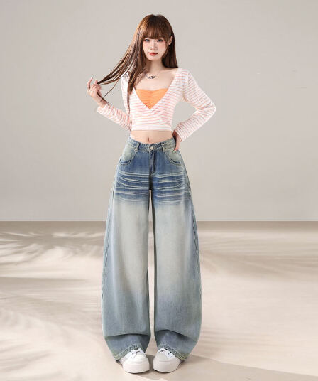 실사 아메리칸 레트로 넓은 다리 모통이 칼 청바지 여성 2026 가을 새로운 로우 웨이스트 루즈핏 도루 센스 바닥 청소 바지