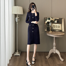 批发法式名媛风时尚气质针织小香风长裙2025秋季新款宝蓝色打底连衣裙