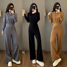 批发辣妹炸街短款连帽针织衫套装秋季<b class='q'>新款</b>休闲百搭气质阔腿裤两件套女