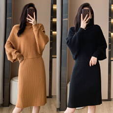 批发2025秋冬新款韩版气质简约休闲高领蝙蝠袖针织百搭两件套<b class='q'>连衣裙</b>女