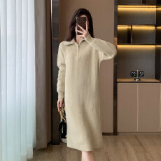 批发复古慵懒风翻领拉链中长款针织<b class='q'>连衣裙</b>秋季新款宽松时尚气质毛衣裙