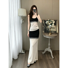 批发夏季撞色条纹无袖背心鱼尾长裙套装女修身拼接包臀高腰长款两件套