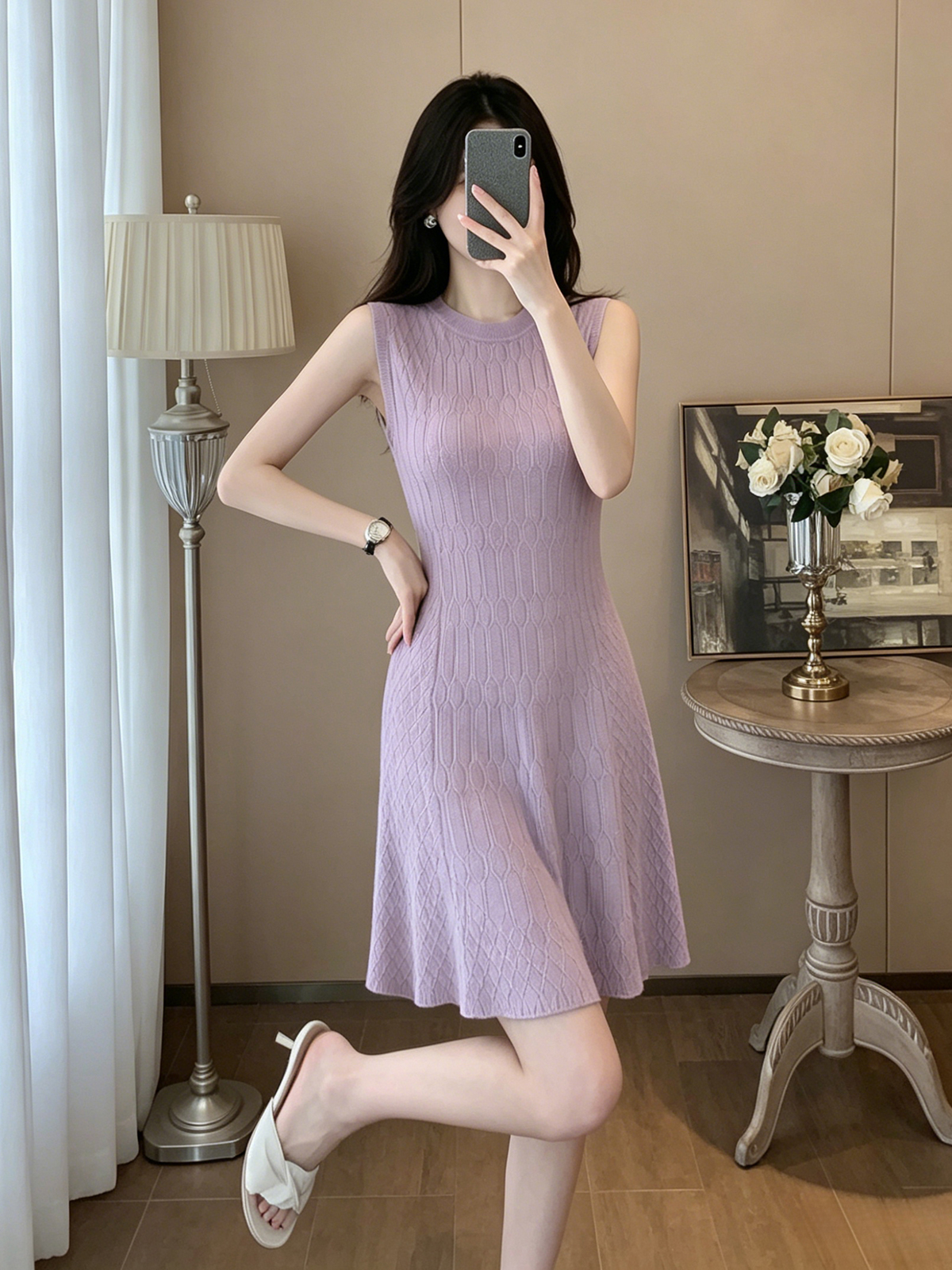 여름 섹션 라운드 넥 민소매 3 차원 트위스트 꽃 니트 여성 드레스 허리 수축 한 마디 물결무늬 밑단 슬림해 보이는 조끼 미니 스커트