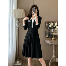 批发小香风时尚黑白撞色翻领针织连衣<b class='q'>裙</b>女秋收腰显瘦九分袖中长小黑<b class='q'>裙</b>