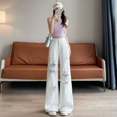 批发超火<b class='q'>白色</b>蕾丝破洞乞丐<b class='q'>牛仔裤</b>女2026夏季薄款高腰宽松遮肉阔腿裤子