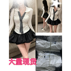 批发学院风制服套装辣妹修身polo领长袖T恤高腰<b class='q'>蓬蓬</b>半身短裙两件套装