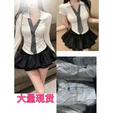 批发学院风制服套装辣妹修身polo领长袖T恤高腰<b class='q'>蓬蓬</b>半身短裙两件套装
