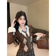 批发实拍学院风套装假两件拼接毛衣针织衫格子百褶半身裙短裙两件套