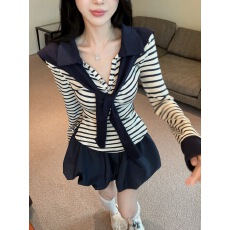 批发实拍 学院风polo领披肩条纹衫女秋冬纯欲性感花苞裙裤套装