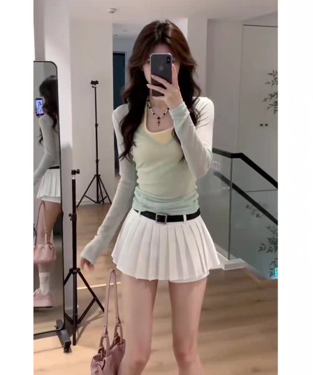 초여름 고유 한 아름다운 아름다운 작은 치마 고급 센스 이른 봄 도파민 착용 가져 가라. 소금 부서 빛 요리 한 두 조각 세트 드레스