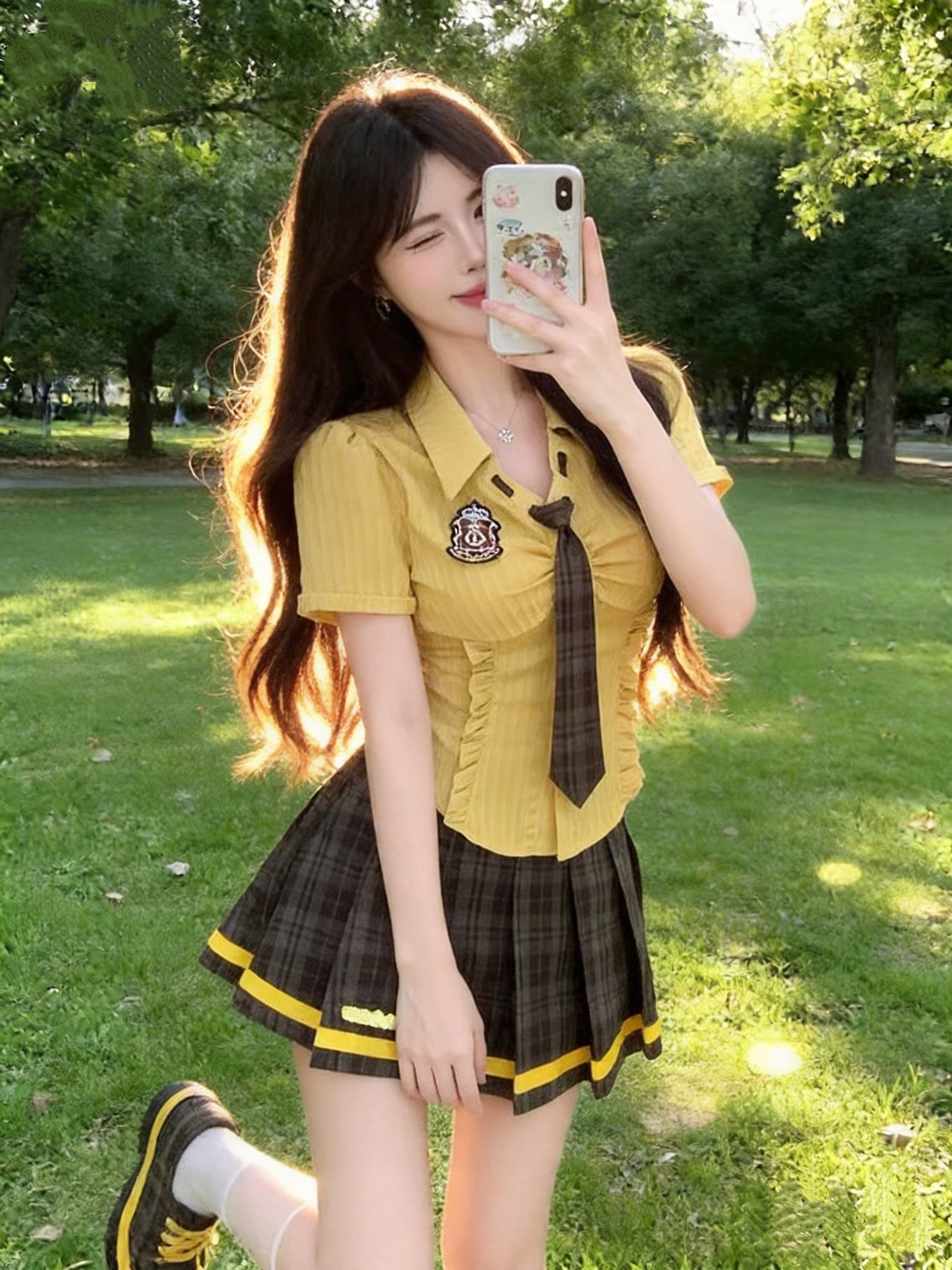 아메리칸 연인 여름 몸매 가꾸기 슬림해 보이는 학원 스타일 작은 대중 디자인 센스 셔츠 맨위 반신 미니 스커트 세트 여성