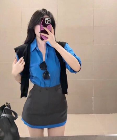 한 부서 파란색 셔츠 정장 반 스커트 두 조각 여성 세트 고급 센스 세련된 연령 감소 자이언트 잘 생긴 세트