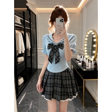 批发夏季学院风jk套装设计感<b class='q'>显瘦</b>蝴蝶结短袖<b class='q'>衬衫</b>高腰格纹半身裙两件套