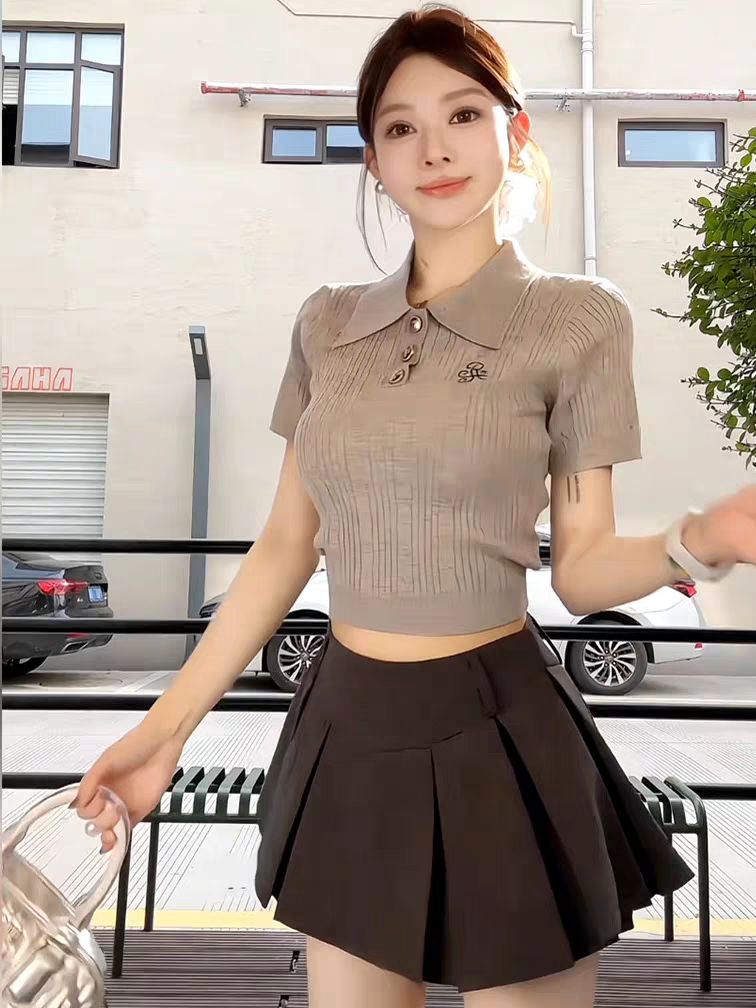 프랑스식 점프 슈트 치마 여름 ootd 착용 가져 가라. 한 부서 전체 집합 POLO 셔츠 맨위 플리츠 스커트 학원 스타일 세트