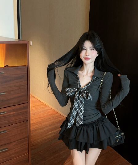 실사 한 부서 달콤함 체크무늬 나비 매듭 스트랩 긴팔 티셔츠 여성 가을 새로운 chic 주름 허리 수축 세트