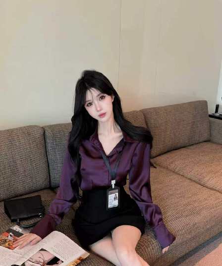실사 품격 세트 순수한 욕망 바람 POLO 칼라 보라색 새틴 셔츠 순수한 욕망 하이웨이스트 타이트 스커트 미니 스커트 세트