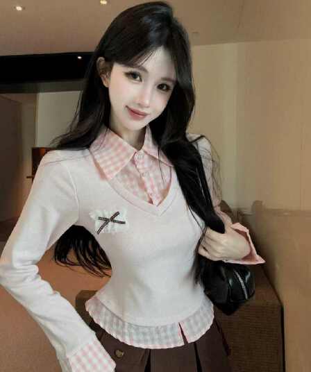 실사 순수한 욕망 달콤한 핫걸 세트 학원 스타일 허리 수축 페이크 레이어드 셔츠 맨위 플리츠 반 스커트 센스 투피스 세트