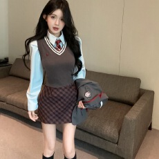 批发实拍韩系jk制服学院风收腰显瘦<b class='q'>西装外套</b>衬衫格纹短裙小个子三件套