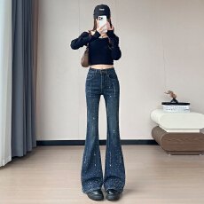 批发实拍重工<b class='q'>烫钻</b>微喇<b class='q'>牛仔裤</b>女秋季新款高腰显瘦复古修身显高马蹄裤子