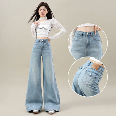 批发实拍<b class='q'>微喇</b><b class='q'>牛仔裤</b>女秋冬加绒新款宽松气质设计感不贴腿直筒喇叭裤子