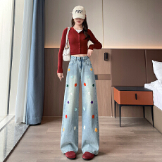 批发实拍复古立体花朵刺绣加绒阔腿牛仔<b class='q'>裤</b>女冬高腰宽松显瘦直筒拖地<b class='q'>裤</b>