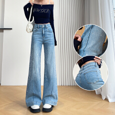 批发怀旧蓝烫钻微喇<b class='q'>牛仔裤</b>女春秋新款2026高腰<b class='q'>弹力</b>不贴腿小个子喇叭裤