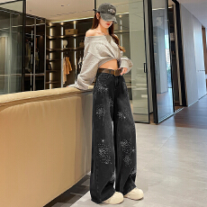 实拍闪钻阔腿牛仔裤女春秋季新款宽松休闲辣妹百搭高级直筒裤