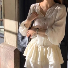 批发已出货 韩国ins 系带抽绳时尚蓬蓬少女衬衫