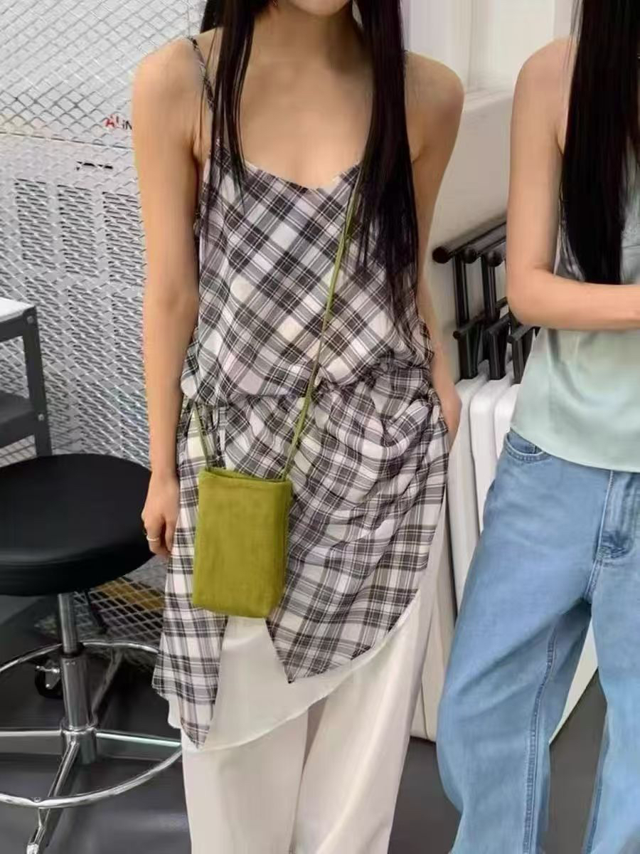 재고 있음 한국 동대문 차가운 배색 체크무늬 슬립 드레스