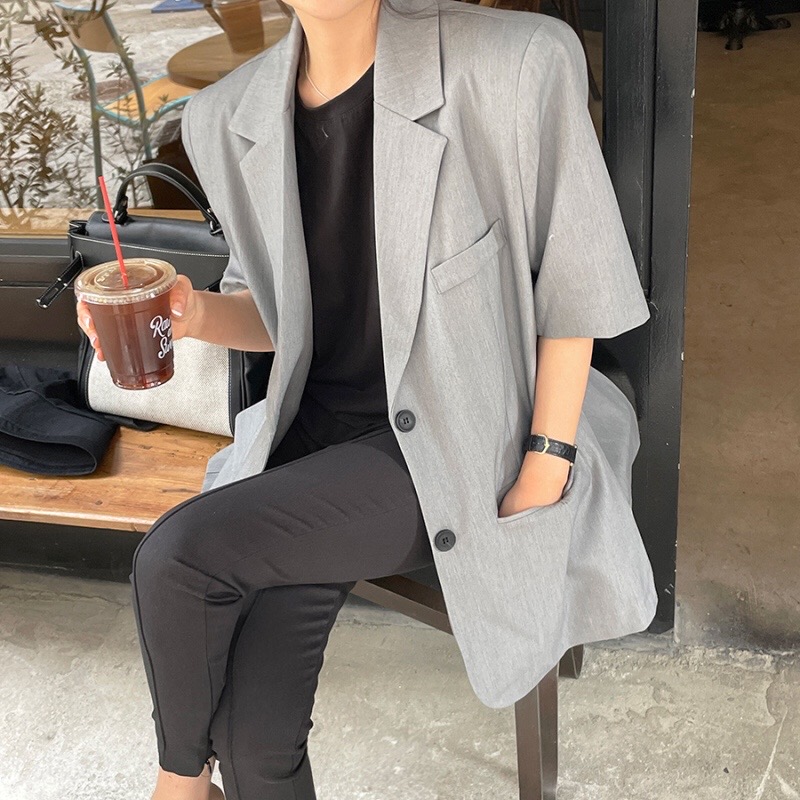 재고 있음 ins 인터넷 유명인 여름 얇은 스타일 인터넷 유명인 패션 품격 중간 길이 캐주얼 반팔 블레이저