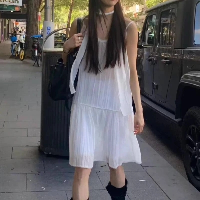 재고 있음 한국 동대문 한 부서 미니멀리즘 마이크로 ~을 통해 화이트 슬립 드레스 여성 리본 드레스