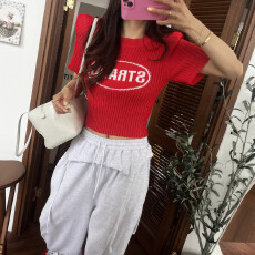 批发有货  时尚百搭字母印花圆领短袖针织衫女修身显瘦上衣