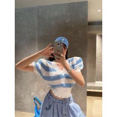 批发有货 chic韩系显瘦撞色条纹气质V领洋气泡泡短袖针织衫