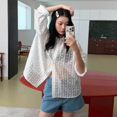 재고 있음 한국 chic 느긋한 바람 루즈핏 홀로우 아웃 자수 셔츠