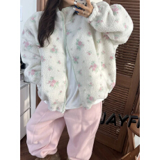 批发有货 <b class='q'>甜美</b>风碎花羊羔毛短外套女冬季新款宽松加厚保暖棉服上衣