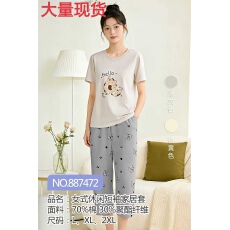 批发<b class='q'>睡衣</b>女<b class='q'>夏季</b>薄款圆领套头短袖七分裤少女可外穿家居服套装