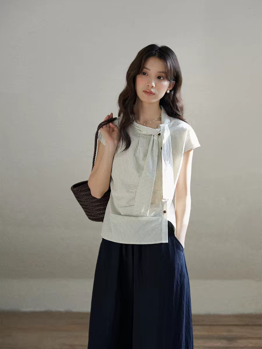 일상 세로 줄무늬 반팔 여성 셔츠 여름 면 소재 비대칭 디자인 센스 리본 칼라 심지어 어깨 소매 맨위
