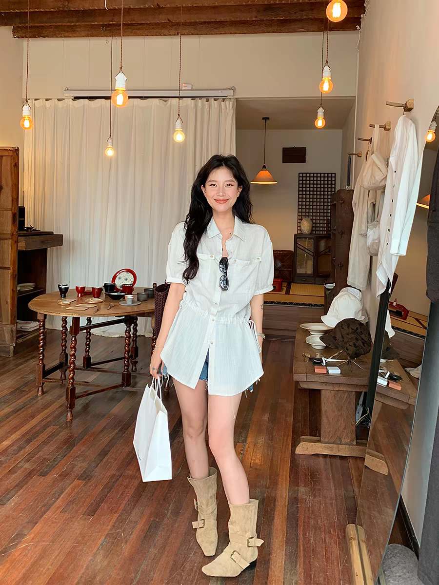 화이트 주간 실크 아마 주머니 셔츠 드레스 여성 여름 얇은 스타일 캐주얼 반팔 루즈핏 셔츠