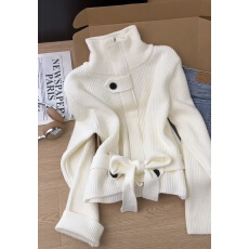 批发高级感奶白色立领羊绒毛衣外套女冬季新款时髦针织衫设计感系带收