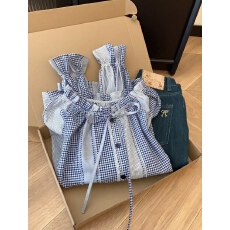 批发韩系学院风蓝色格子娃娃领<b class='q'>衬衫女</b>新款气质通勤灯笼袖上衣打底衫