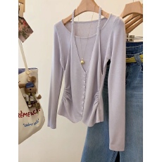 甜美风单排扣吊带拼接长袖针织衫女浅蓝色高级感显瘦百搭上衣