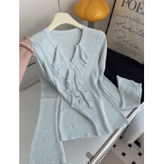 批发法式荷叶边半开领长袖<b class='q'>针织衫</b>女春季新款修身显瘦设计感外穿上衣