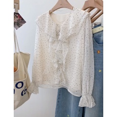 批发杏色荷叶边立体花朵长袖衬衫女上衣小个子春季超火减龄衬衣