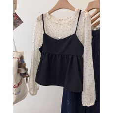 批发两件套波点木耳边长袖衬衫叠穿黑色吊带女上衣春超火减龄衬衣