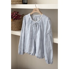 批发蓝色刺绣长袖<b class='q'>衬衫</b>女早春新款设计感小众复古氛围感长袖上衣