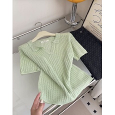 批发韩系镂空翻领高级感针织衫女夏季纸片人休闲百搭显瘦短袖T恤上衣