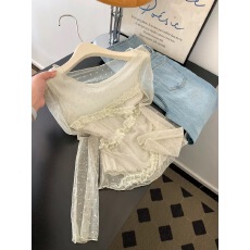 批发高颜超心水 浪漫氛围感波点花边网纱上衣春季纯欲设计感<b class='q'>蕾丝</b>小衫
