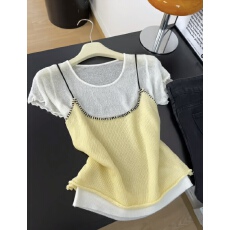 韩版十三行夏季新款针织短袖薄款打底上衣+撞色针织吊带两件套女
