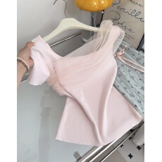 批发十三行早春新款设计感网纱纯欲皱褶<b class='q'>不规则</b>短袖小衫