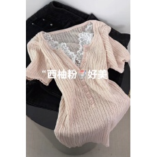 批发法式V领蕾丝拼接假两件针织衫女夏季纯欲气质修身短袖上衣夏